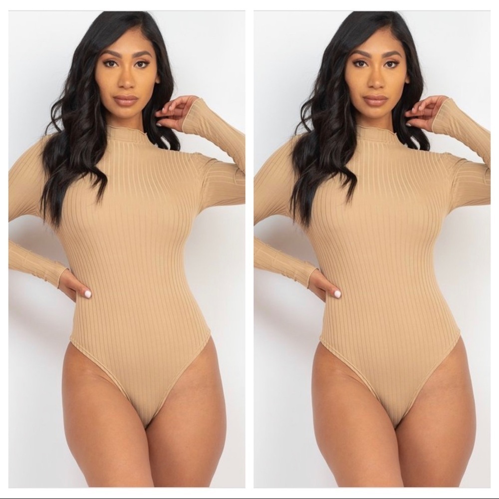 WOMENS KHAKI LONG SLEEVE RIBBED MOCK NECK THONG BODYSUIT